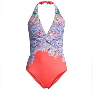 Johnny Was Drew Twist-Front Halter One-Piece
Swimsuit